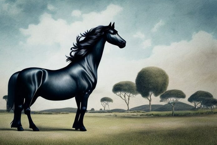 A friesian horse in a rural setting in port alfred