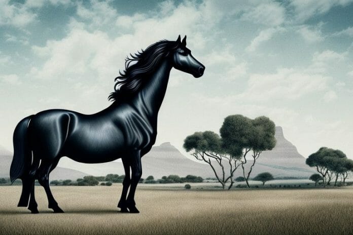 A friesian horse in a rural south african landscape
