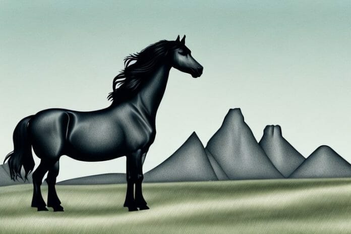 A friesian horse in a scenic landscape near jeffreys bay