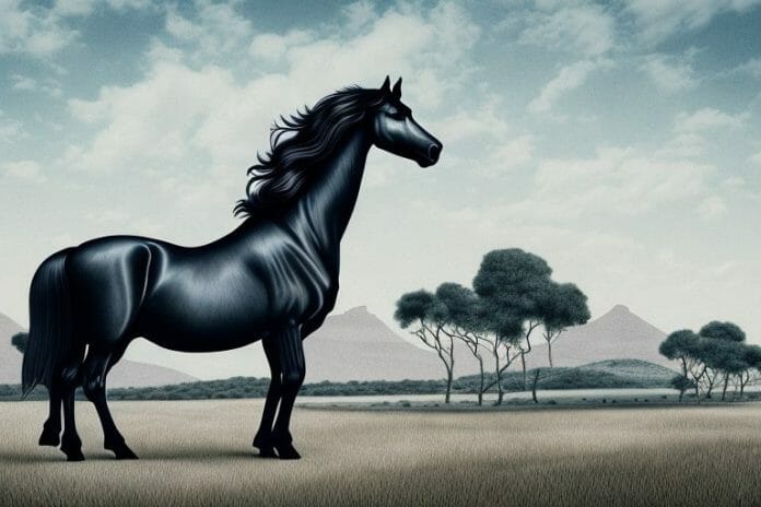 A friesian horse in a rural south african landscape