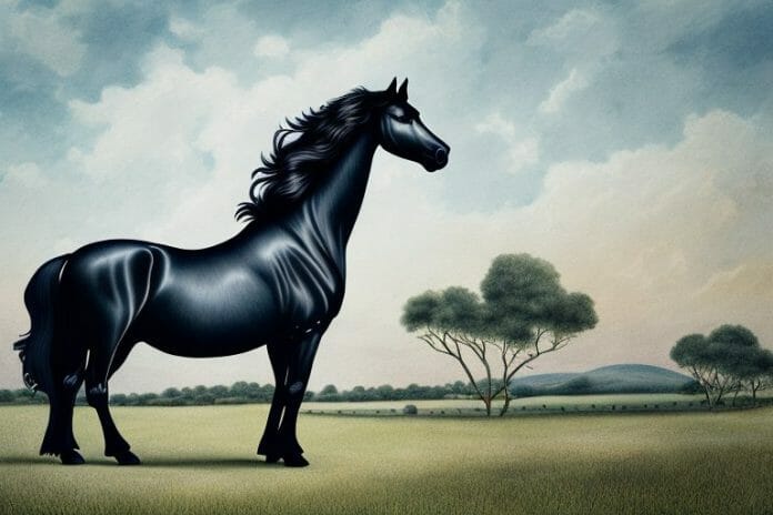 A friesian horse in a rural setting in virginia