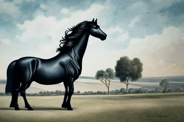 A friesian horse in a rural setting in parys