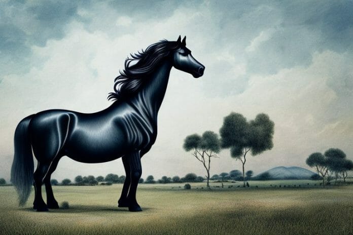 A friesian horse in a rural setting in phuthaditjhaba