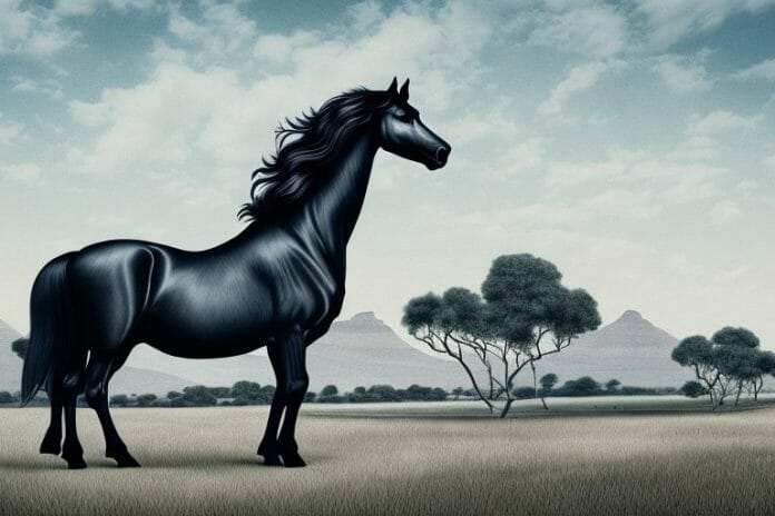 A friesian horse in a rural south african landscape