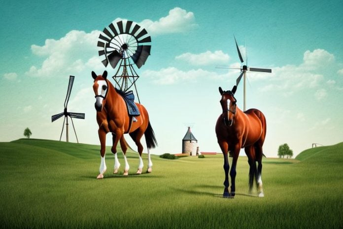 A horse and rider in a rural landscape