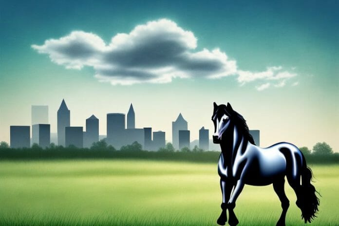 A friesian horse in a pasture with the randburg skyline in the background