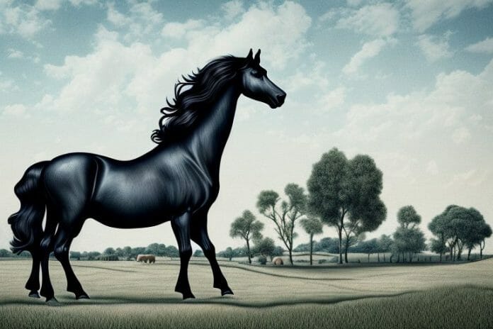 A friesian horse in a rural landscape in midrand