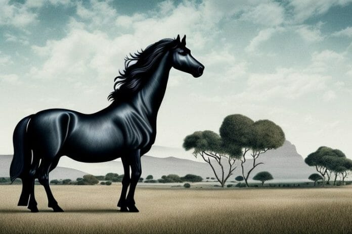 A friesian horse in a rural south african landscape