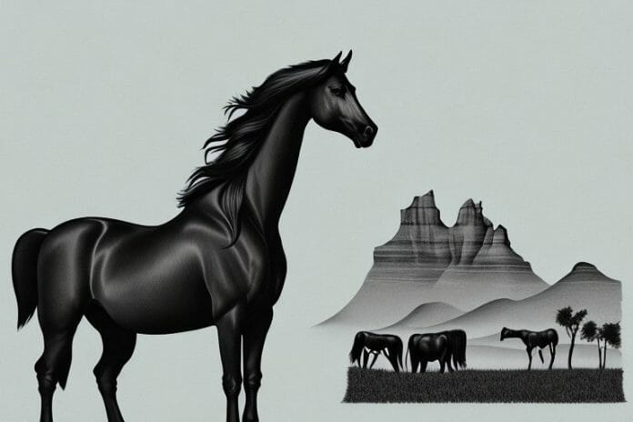 A friesian horse in a south african landscape
