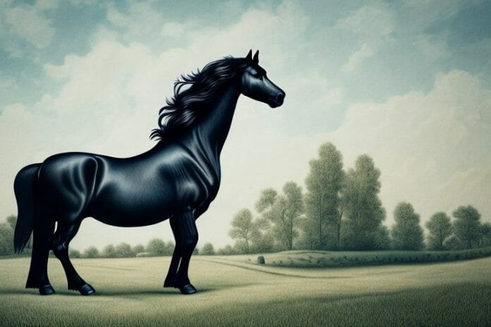 A friesian horse in a rural landscape