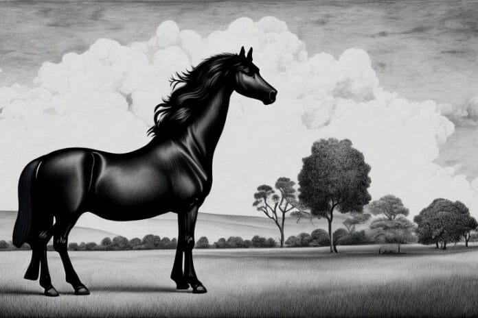 A friesian horse in a rural setting in louis trichardt
