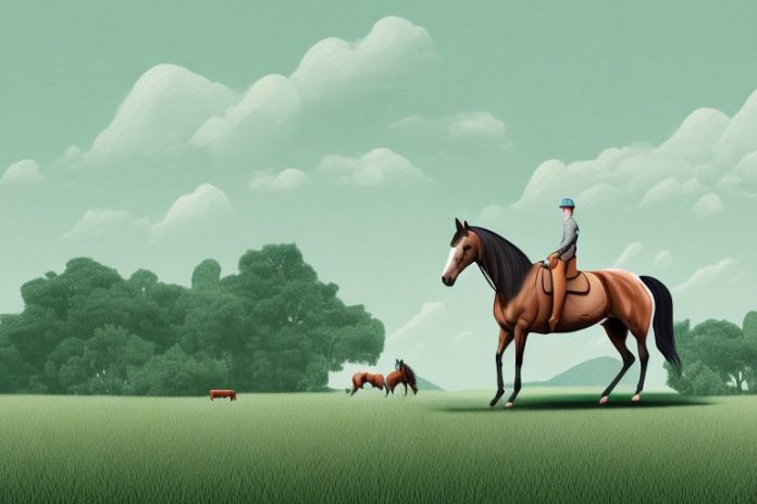 A horse and rider in a rural landscape