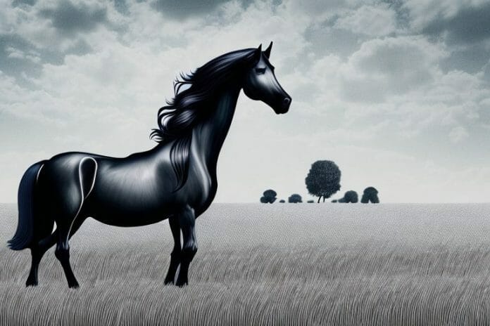 A friesian horse in a field in delmas