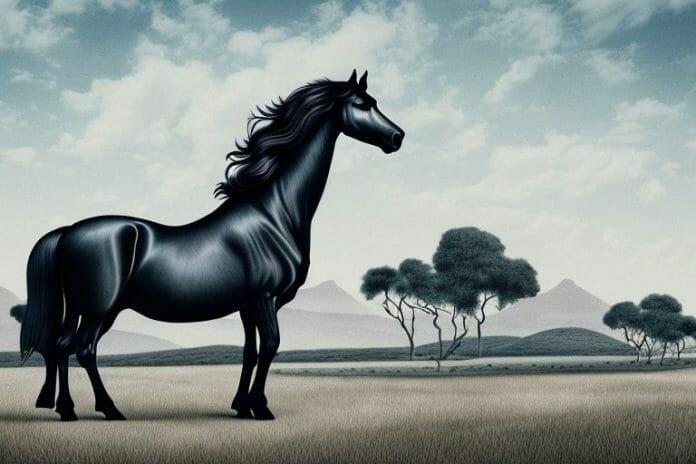 A friesian horse in a rural south african landscape