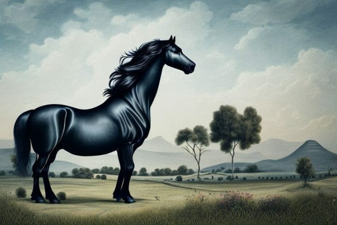 A friesian horse in a rural landscape in barberton