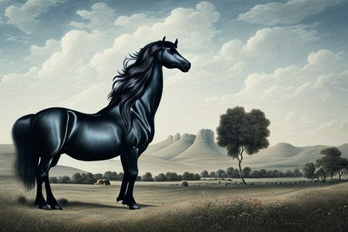 A friesian horse in a rural landscape in lydenburg