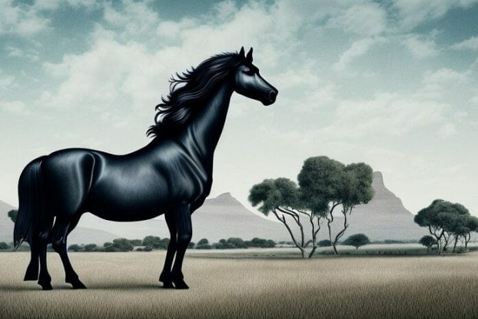 A friesian horse in a rural south african landscape