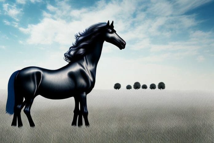 A majestic friesian horse standing in a field in de aar