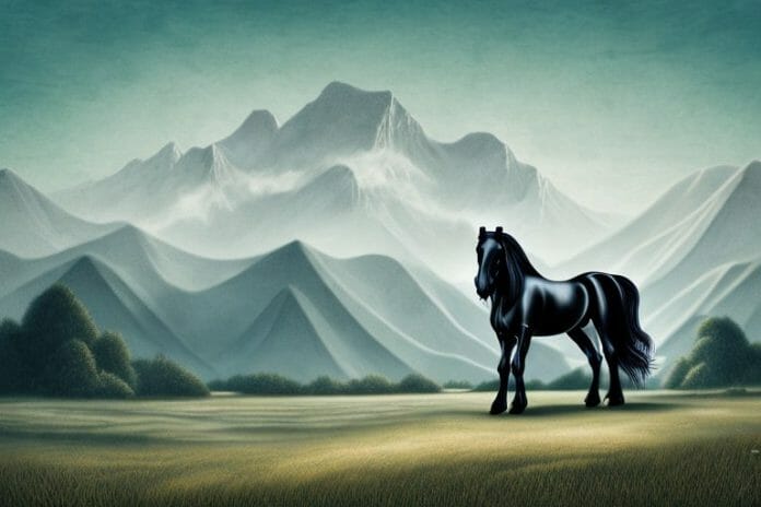 A friesian horse in a rural landscape with a backdrop of mountains