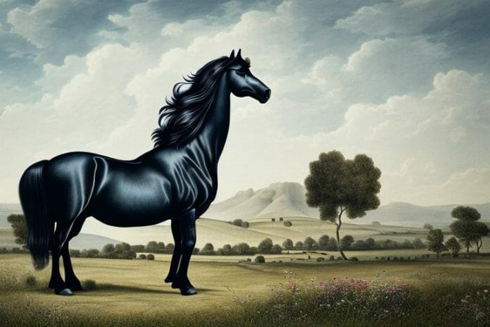 A friesian horse in a rural landscape in warrenton