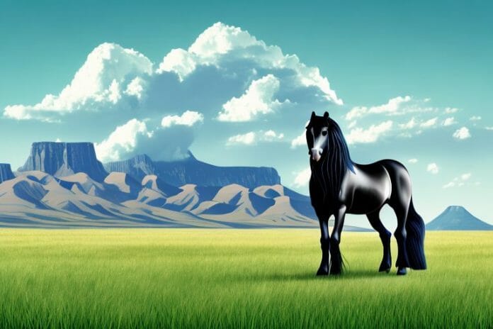 A friesian horse in a grassy field with a backdrop of the colesberg mountains