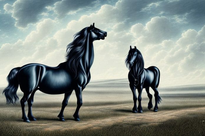 A friesian horse in a rural landscape in calvinia