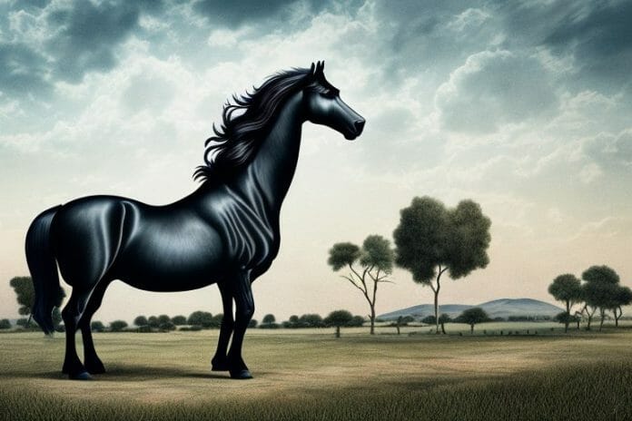 A friesian horse in a rural landscape in mafikeng