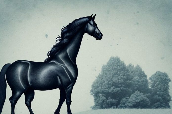 A friesian horse in a rural setting