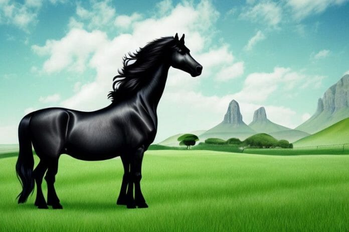 A friesian horse standing in a lush