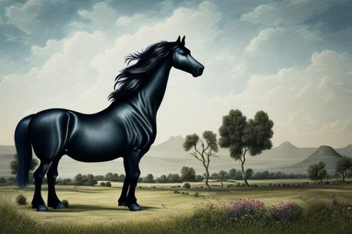 A friesian horse in a rural landscape in hartbeespoort
