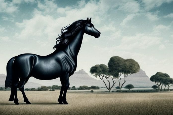A friesian horse in a rural south african landscape