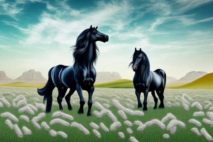 A friesian horse standing in a field with a south african landscape in the background