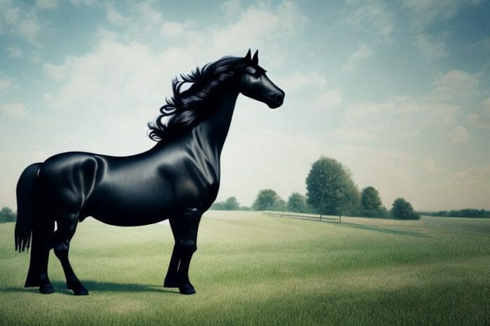 A friesian horse in a rural setting