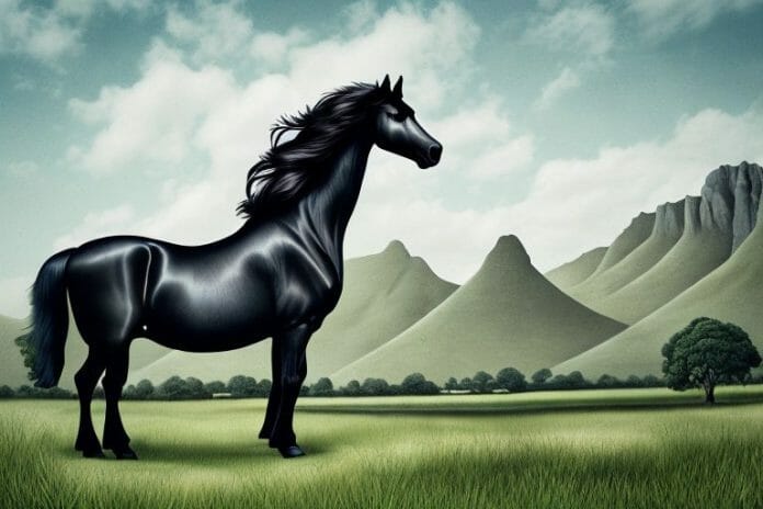 A friesian horse in a lush
