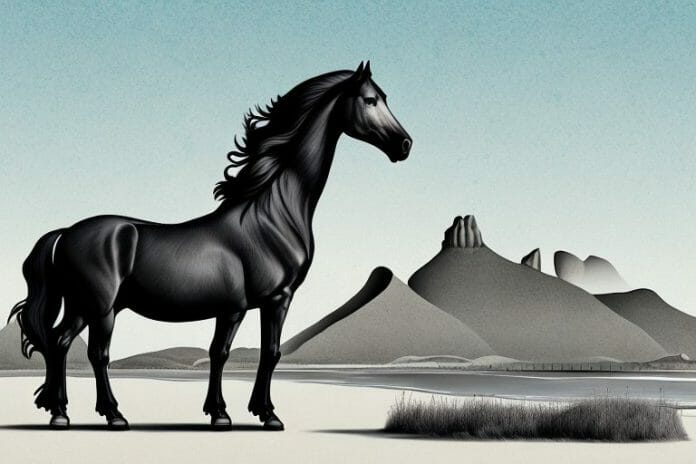 A friesian horse in a picturesque setting in simon's town
