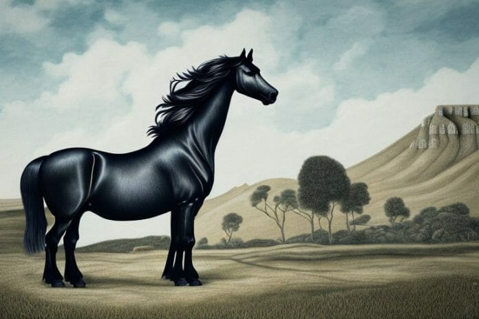 A friesian horse in a rural landscape in hermanus