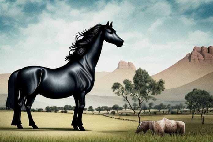 A friesian horse in a rural setting in oudtshoorn