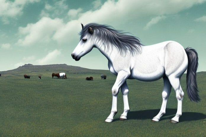 A dartmoor pony horse grazing in the countryside of graaff-reinet