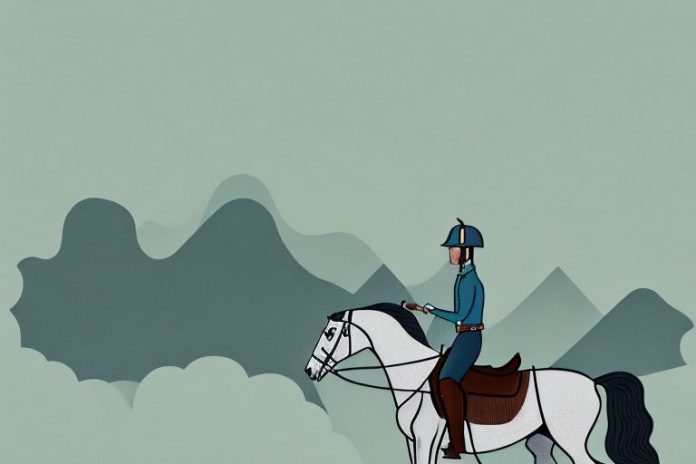 A horse and rider in a scenic rural setting