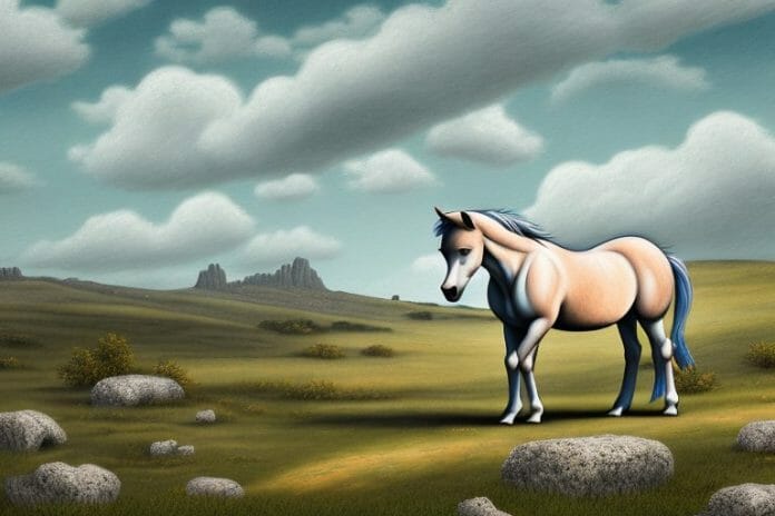 A dartmoor pony horse in a rural landscape in parys