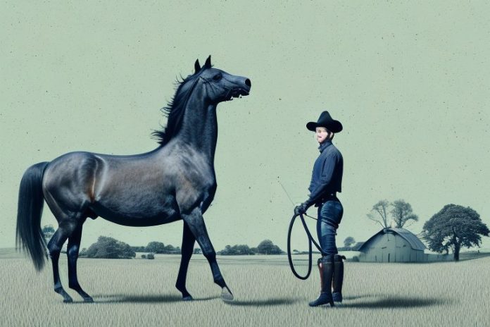 A horse and rider in a rural landscape