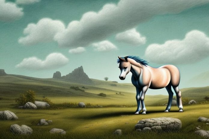 A dartmoor pony horse in a rural landscape in secunda