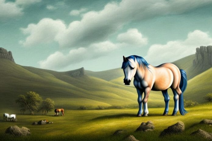 A dartmoor pony horse in a rural landscape in white river