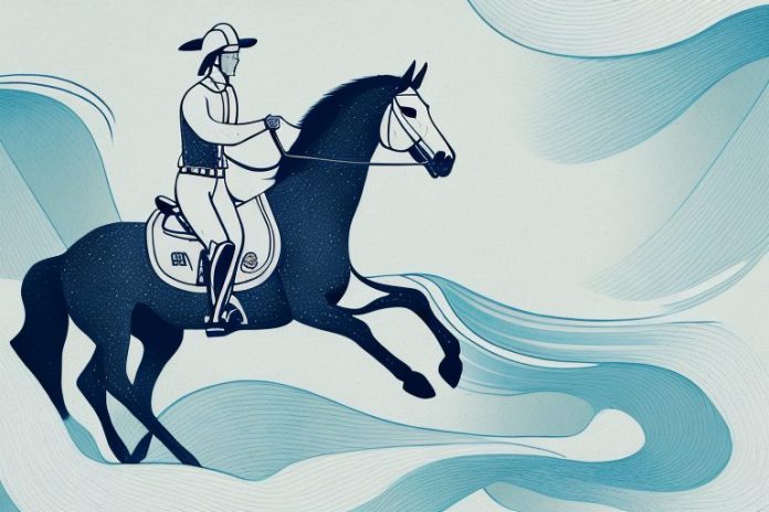 A horse and rider galloping through a white river