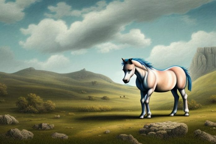 A dartmoor pony horse in a rural landscape in lichtenburg