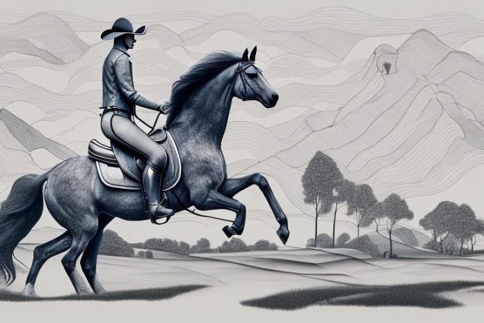 A horse and rider galloping through a rural landscape in lydenburg