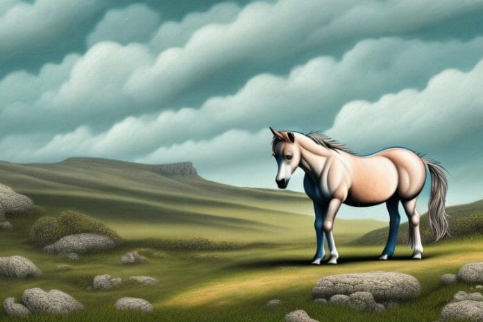 A dartmoor pony horse in a rural landscape in mossel bay
