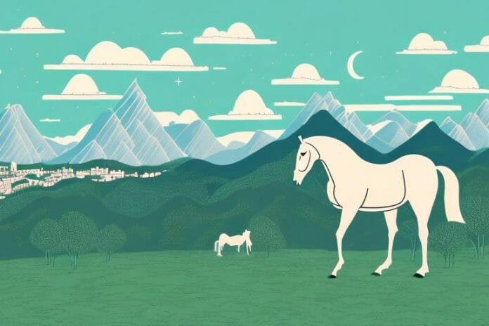 A horse in a mountainous landscape with a backdrop of the city of pietermaritzburg