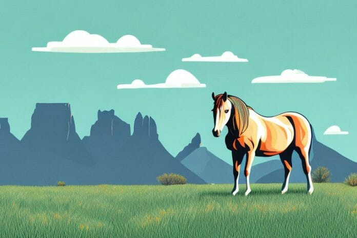 A horse standing in a field in the rocky mountains of newcastle