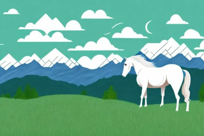 A horse standing in a grassy field with the rocky mountains in the background